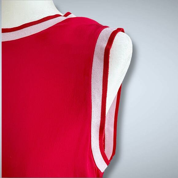 Theory Bonda Silk Tank Top Red White Trim Sleeveless Knit Collar Quiet Luxury M - Picture 9 of 13